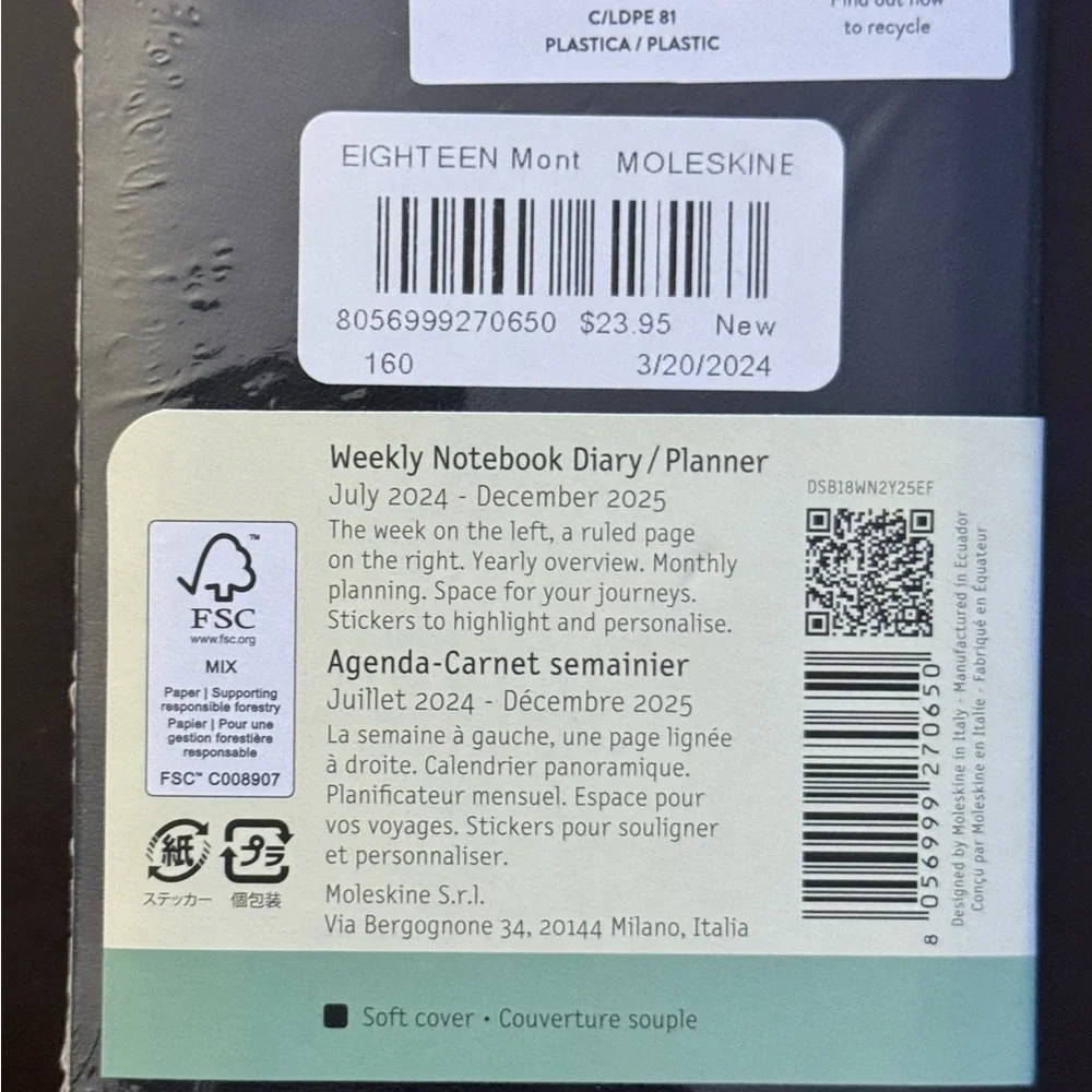 NEW Moleskine Soft Cover Mini Weekly Planner | Journal Black 5.75” x 3.5”